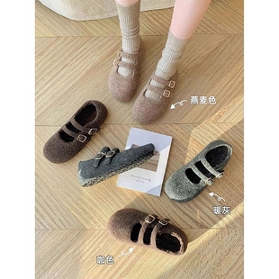 加绒保暖公主平底鞋 女秋冬季 子 增高4cm勃肯毛毛玛丽珍单鞋 羊绒版