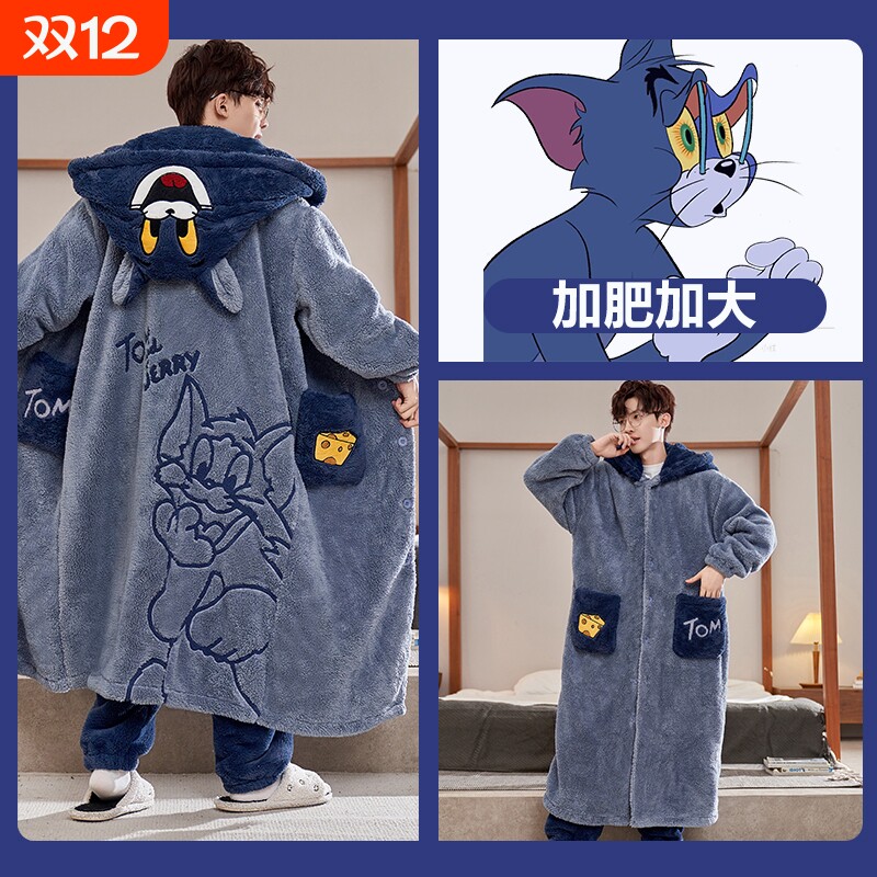 秋冬季珊瑚绒男睡袍新款胖哥哥大码睡衣男加厚加绒卡通长袍家居服