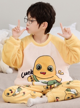 男童睡衣法兰绒秋冬季2025新款儿童男孩奶龙加厚珊瑚绒大童家居服