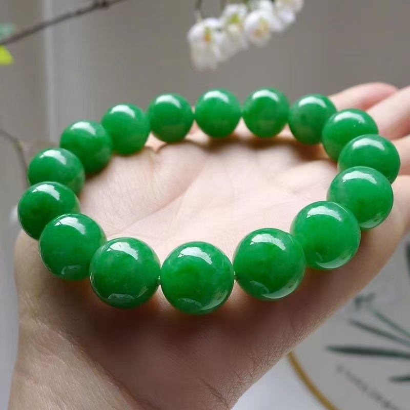 爆款高端仿缅甸满绿翡翠手串珠子大圆珠手链珠链男女款卡11阳绿