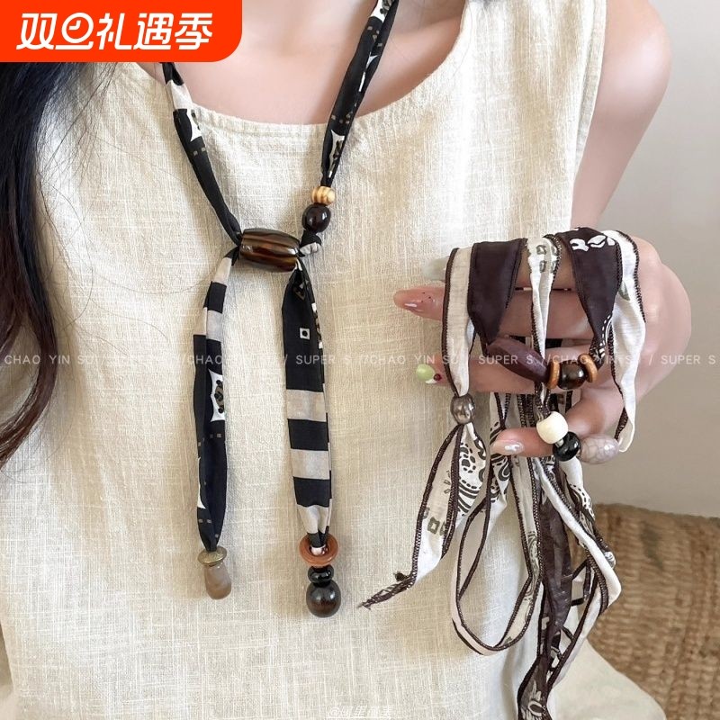 复古波西米亚木珠布艺项链女独特设计感串珠抽拉式丝巾锁骨链配饰