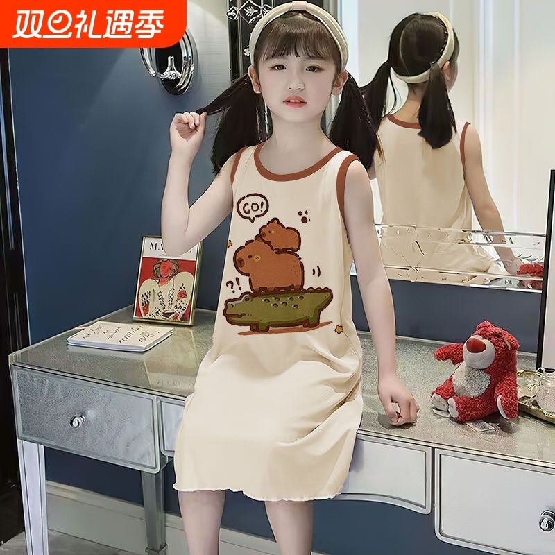 2025新款女孩冰丝莫代尔女童夏季背心裙卡通睡衣裙母女亲子家居服