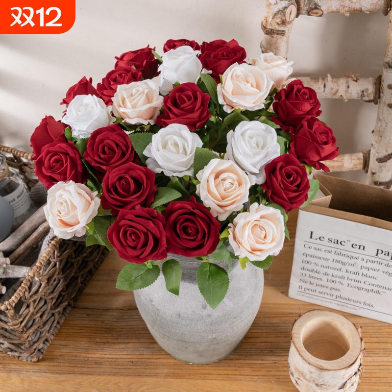 INS珍珠绒布玫瑰仿真花家居装饰节日婚庆墙植物墙假店铺装饰逼真