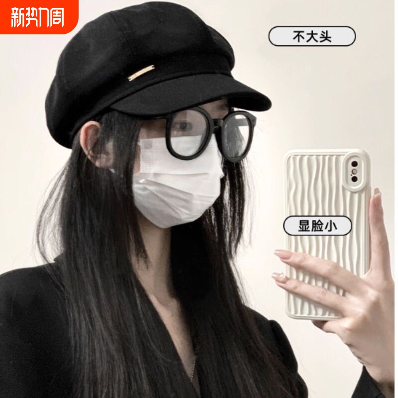 贝雷帽大头围黑色八角帽子女画家帽复古新款显脸小鸭舌报圆脸秋季