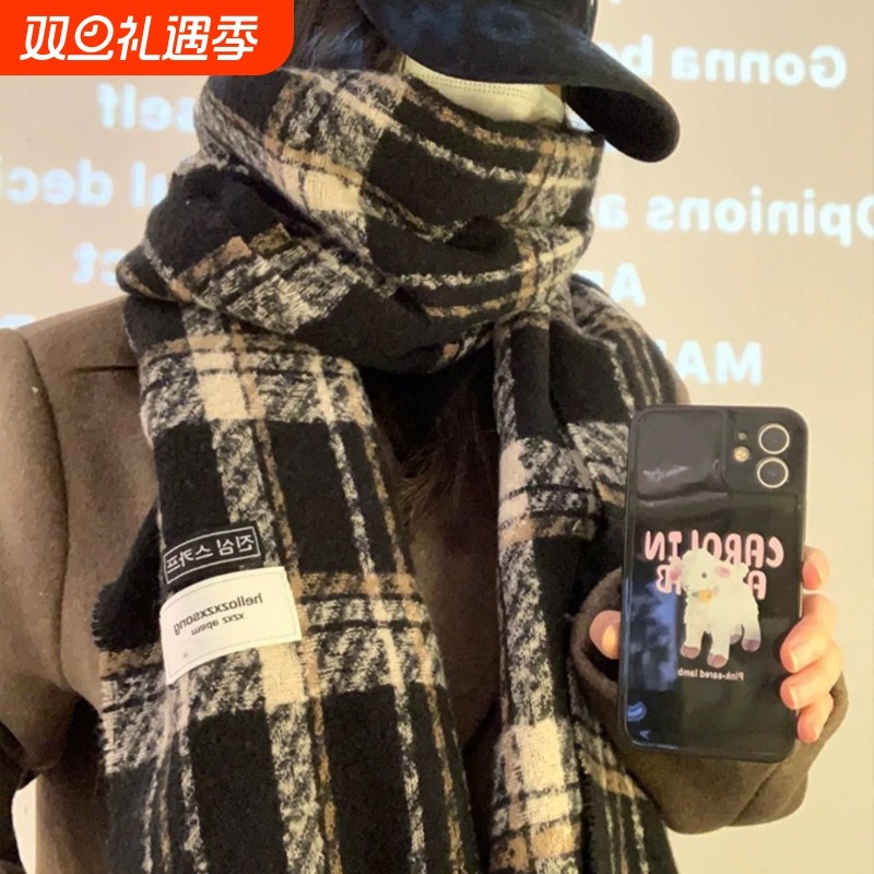 秋冬新款百搭格子马海毛圈圈纱刺毛围巾披肩两用保暖围脖学生