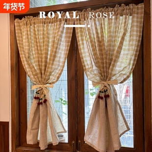 棉麻法式厨房奶油风格子樱桃半帘穿杆免打孔窗帘单片美式柜子门帘