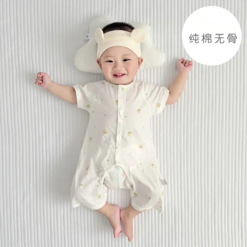 夏季短袖透气网眼薄款新生儿宝宝睡衣爬服初生婴儿开裆连体衣后背