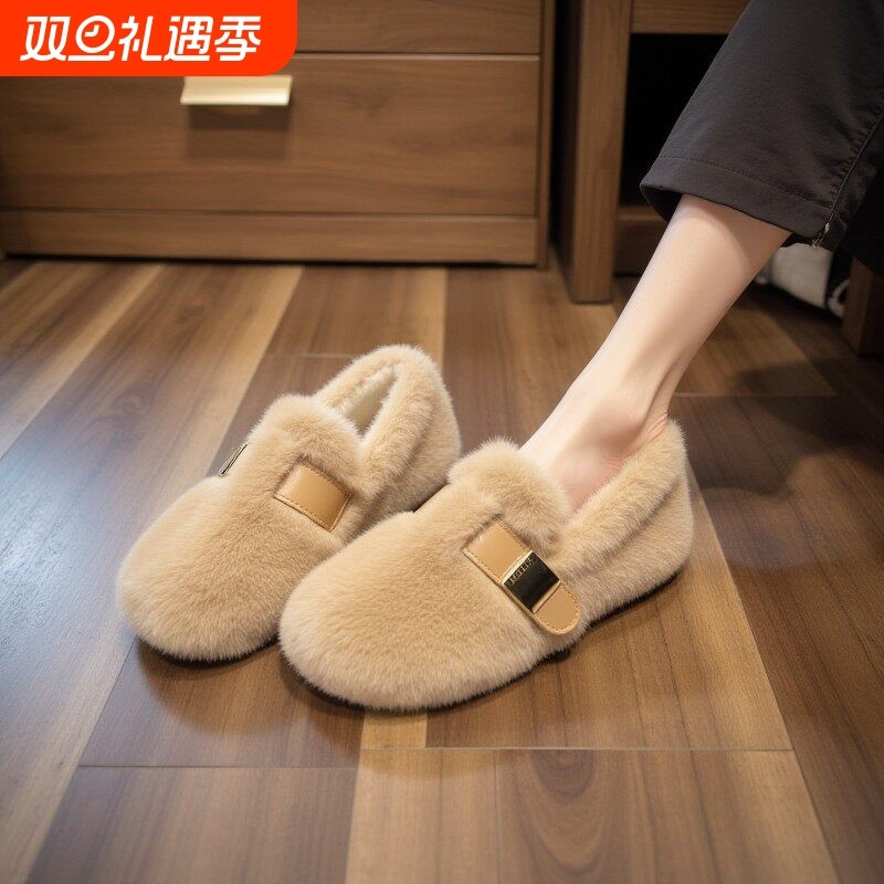 【水貂绒】毛毛鞋女冬季外穿一脚蹬豆豆鞋加绒保暖孕妇鞋软底棉鞋