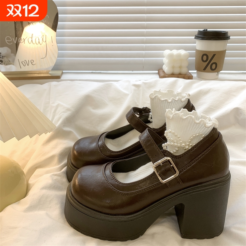 他她女孩矮子乐法式高跟鞋女2025春秋季复古粗跟小皮鞋日系小个子