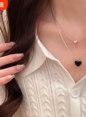 双层叠戴黑色爱心吊坠锁骨链