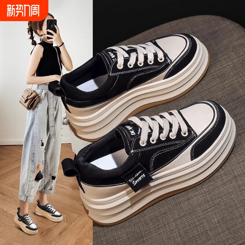 热风新内增高女鞋2026春季新款鞋子潮厚底松糕鞋爆款超火小白鞋休