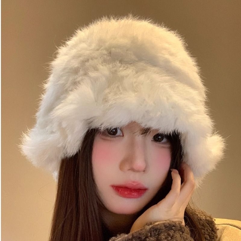 兔毛帽子女秋冬季显脸小毛茸茸毛绒帽保暖护耳皮草毛毛渔夫帽冬