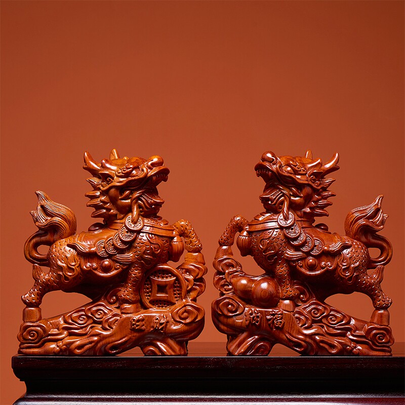 花梨木雕麒麟摆件一对实木公母招火麒麟财家居店铺装饰工艺品摆设