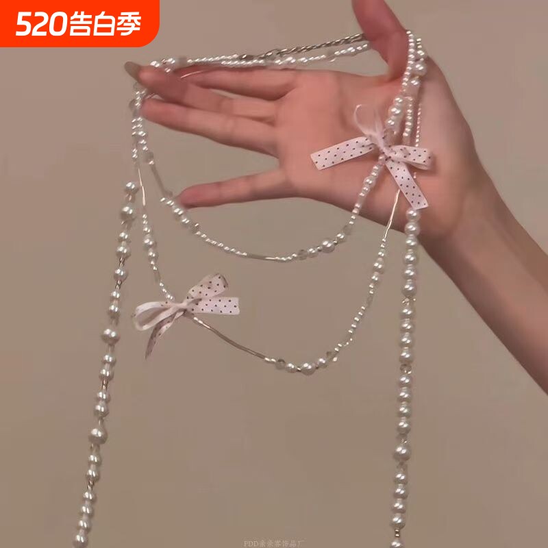 「结」甜美波点蝴蝶结珍珠项链温柔气质叠戴冬季锁骨链粉色花朵