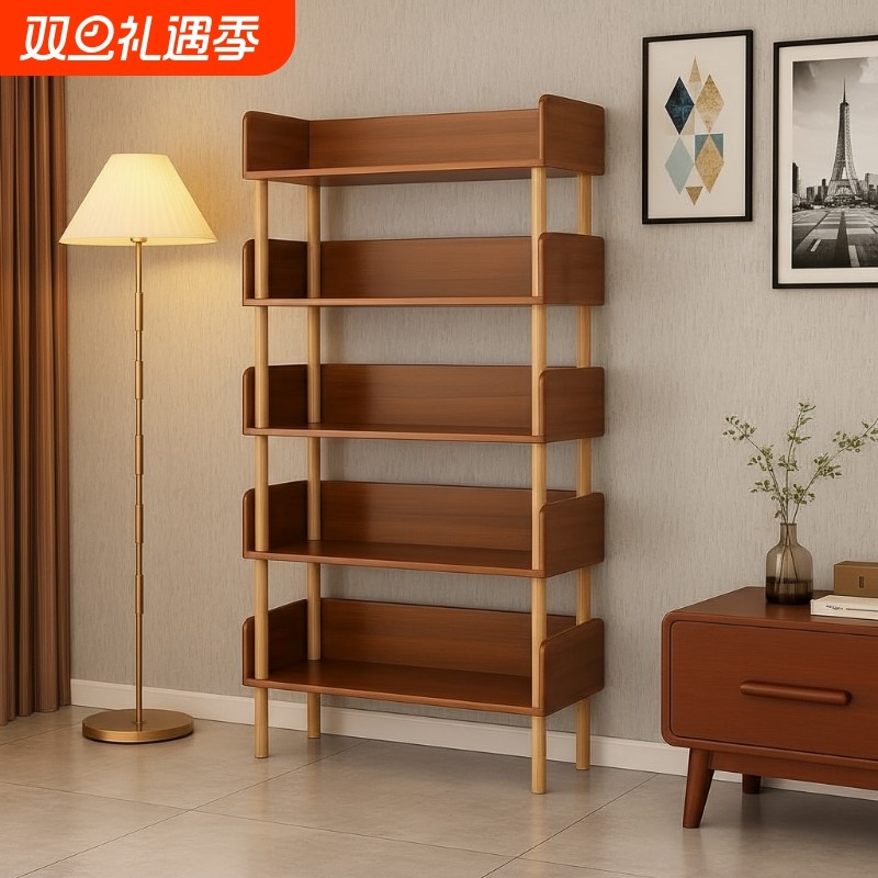 书架置物架落地一体靠墙收纳架实木色储物架家用学生多层书柜摆放