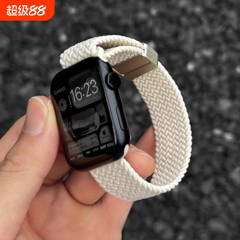 适用applewatch9编织磁吸表带苹果S10手表iwach10弹力尼龙Ultra2/3金属扣S9/s8/7/6/5/4代透气SE腕带男夏天