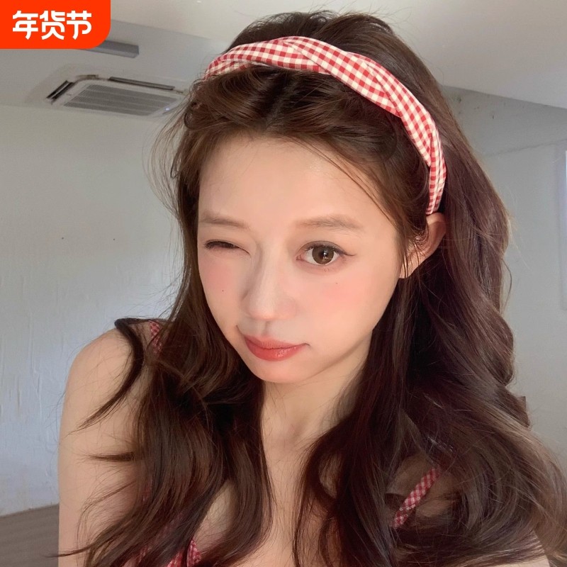 夏日麻花格子发箍女2025新款高颅顶头箍外戴压发发卡少女感发饰