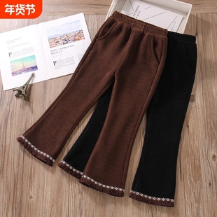 女童加绒裤子加厚绒长裤秋冬款外穿喇叭裤儿童冬装休闲裤红色黑色