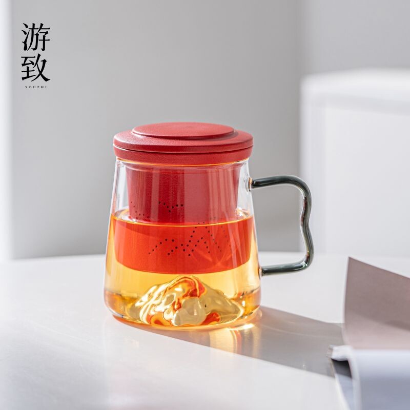 观山玻璃泡茶杯办公室茶水分离杯子创意轻奢大容量喝茶男女士水杯