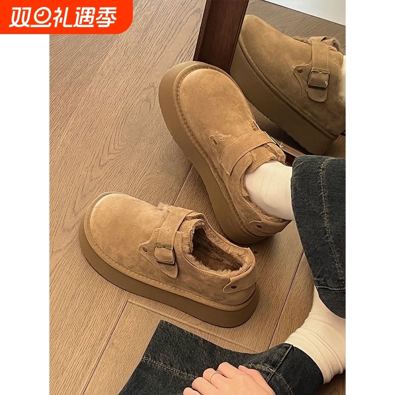 女鞋子真皮勃肯棉鞋女秋冬季2025新款一脚蹬雪地靴34码加绒加厚底