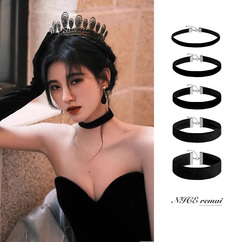 鞠婧祎同款经典简约黑色项圈百搭颈饰进口丝绒颈带锁骨链项链新款										