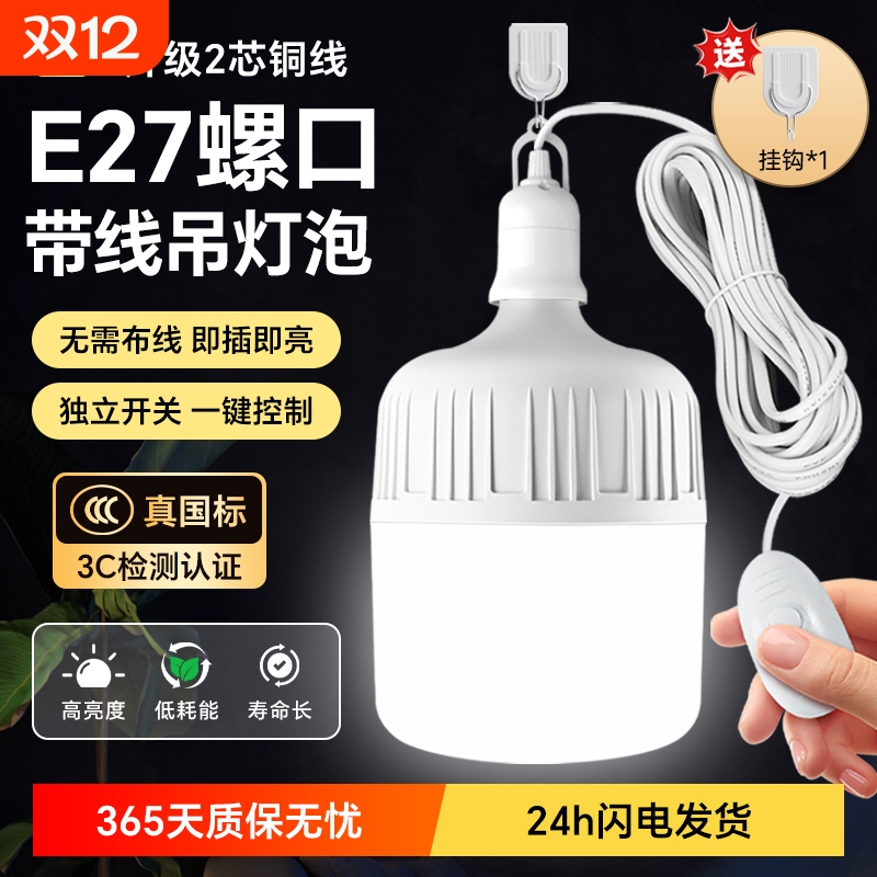 带线灯泡led节能灯家用e27螺口超亮电灯悬挂式插头插线开关照明灯