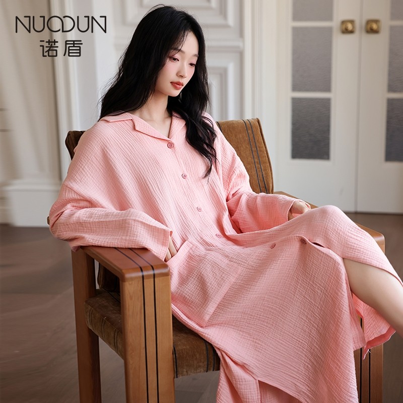 棉绸纱布睡衣女长袖开衫睡裙家居服中长款 多规格