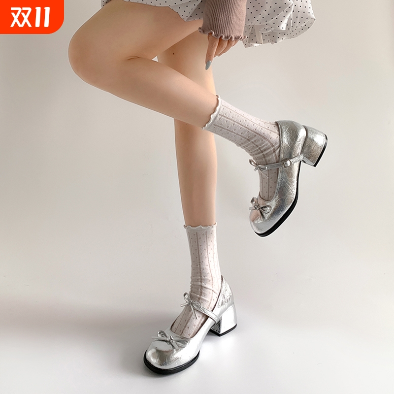 法式银色小个子浅口粗高跟单鞋女2025新款夏季配裙子JK玛丽珍鞋子