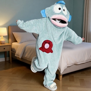 丑鱼儿童可爱搞怪连体睡衣女亲子法兰绒秋冬加厚珊瑚绒卡通家居服