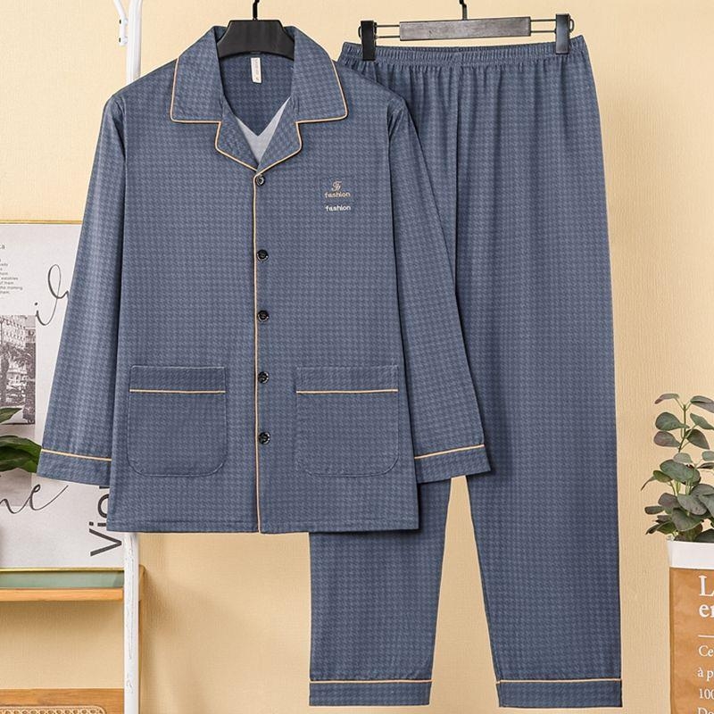 红豆睡衣男士长袖中老年人春秋薄款加大码开衫纯棉爸爸家居服夏季