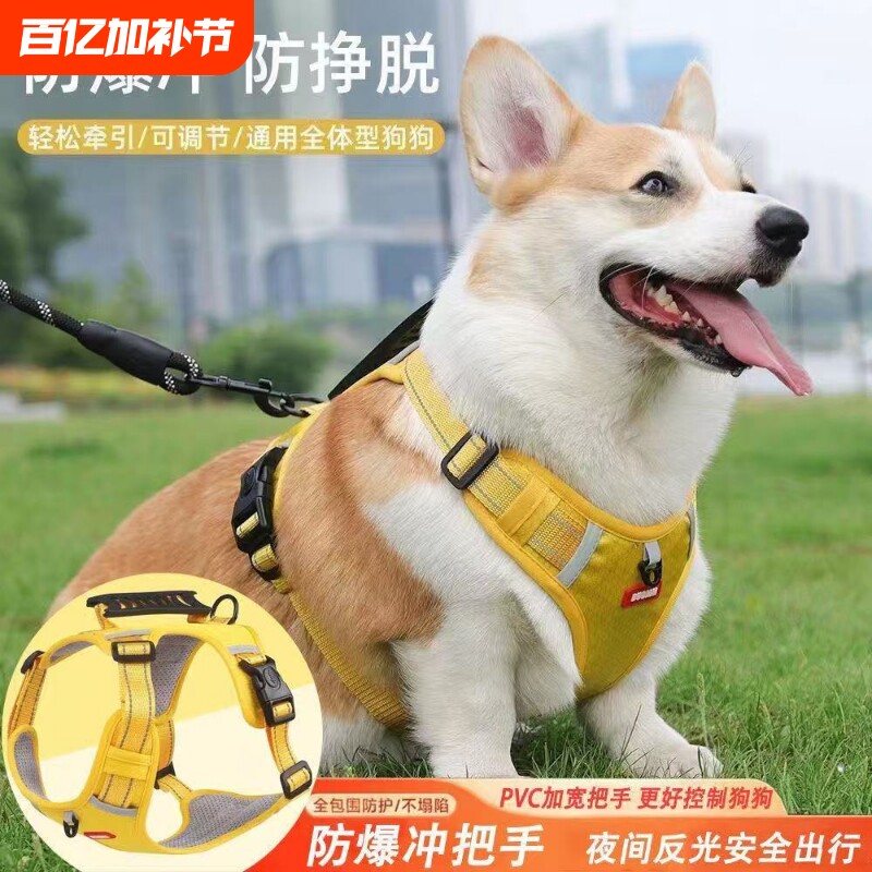 宠物反光胸背带舒适遛狗绳大狗柯基泰迪中型犬耐用背心式防爆冲