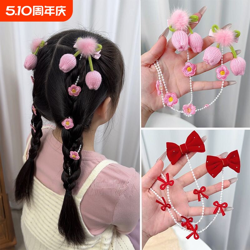 儿童中式花朵女童流苏发夹超仙公主头饰发饰蝴蝶结红色郁金香粉色