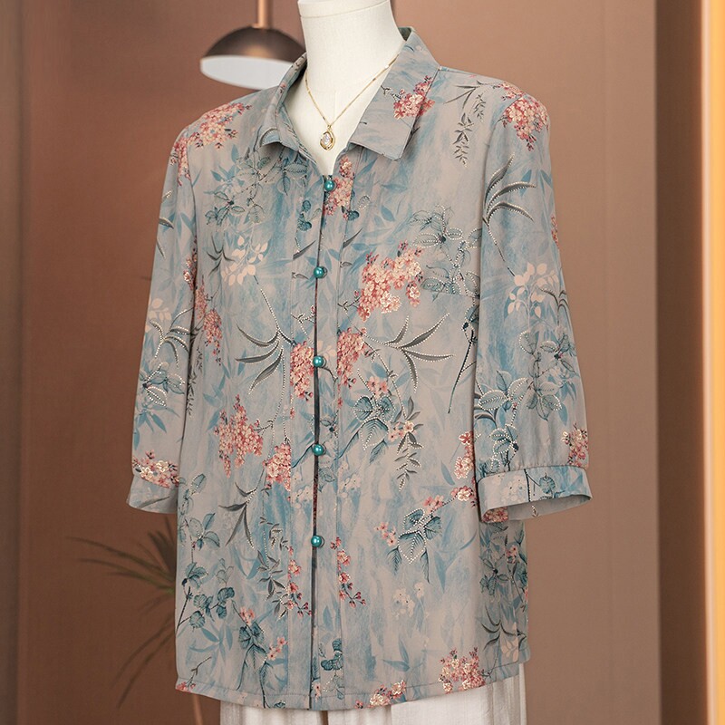 中老年人夏装衬衫女款奶奶中袖妈妈装夏季薄款衬衣老太太老人衣服