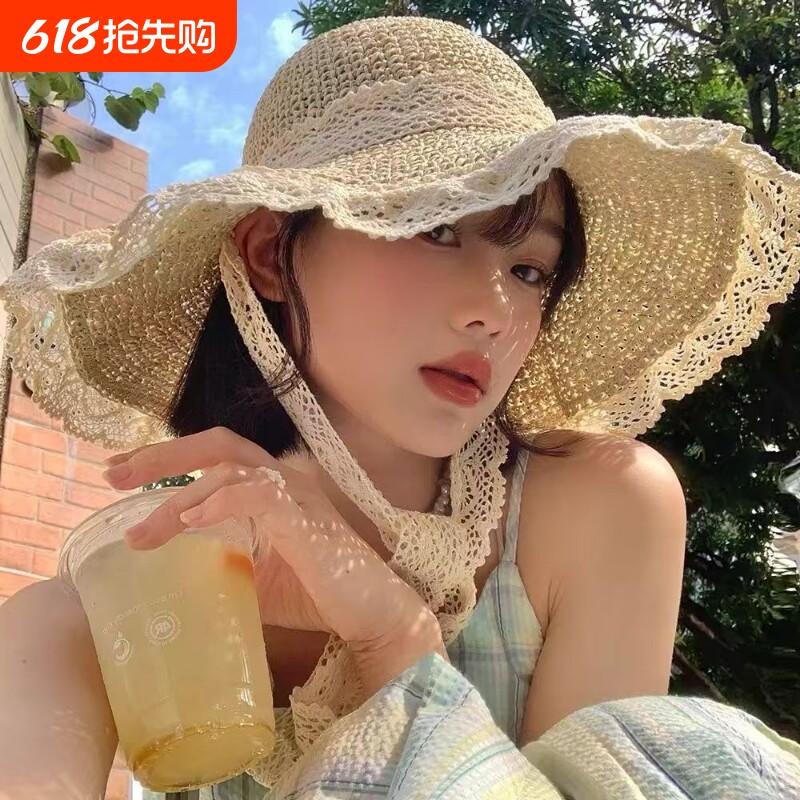 草帽女海边帽子镂空2025新款夏透气蕾丝花边防晒防晒帽遮阳帽大檐