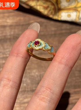 复古蓝花殿红钻珐琅戒指女款
