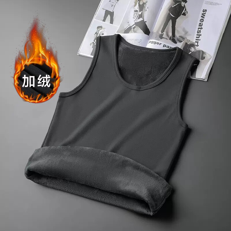 加绒加厚男士冬款坎肩保暖背心打底衫马甲无袖运动上衣服白色黑色