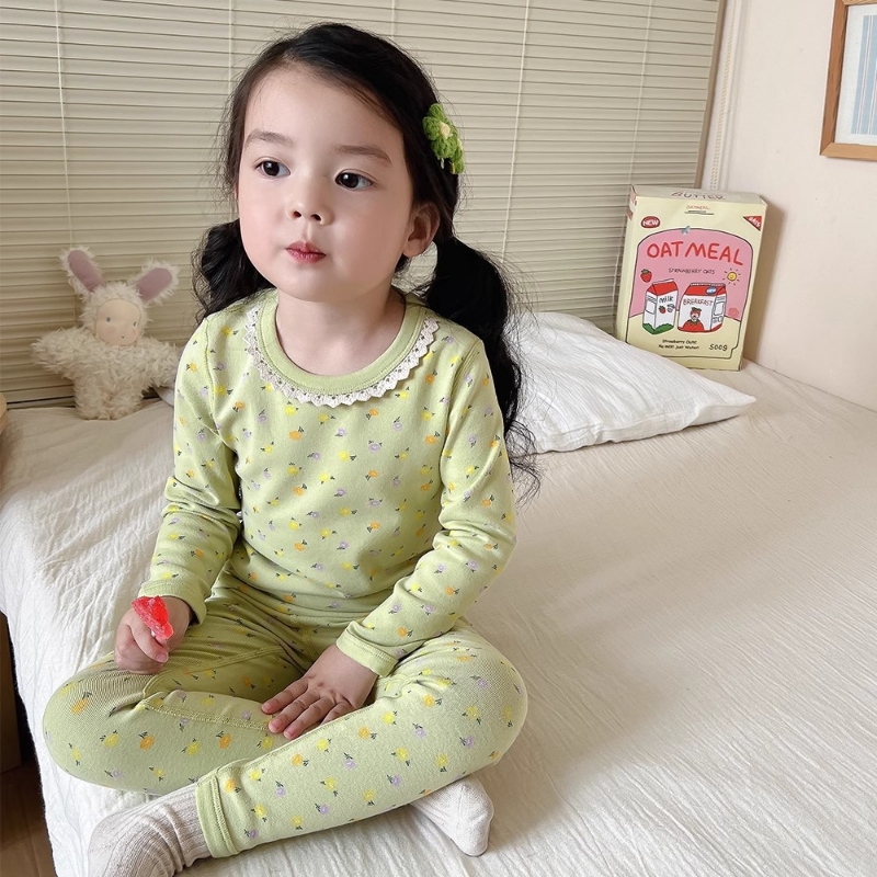 女童碎花家居服长袖长裤套装睡衣秋新款德绒保暖秋衣裤两件套A74