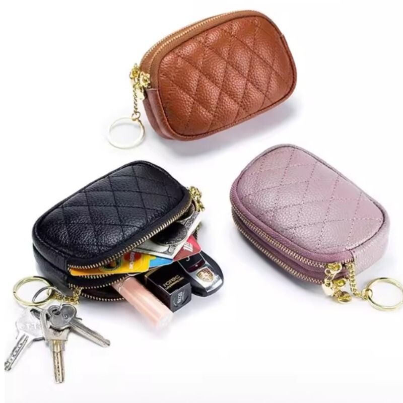 2026新款零钱包菱格绣线钥匙环扣硬币包双层拉链小零钱包女高级感
