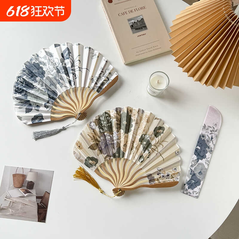 龙刀扇女式折扇日式和风绢布贝壳扇随身便携古风小折叠扇中国风