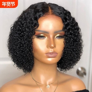 跨境欧美黑色假发全头hair头发短发女前蕾丝非洲小卷发wigs全头套