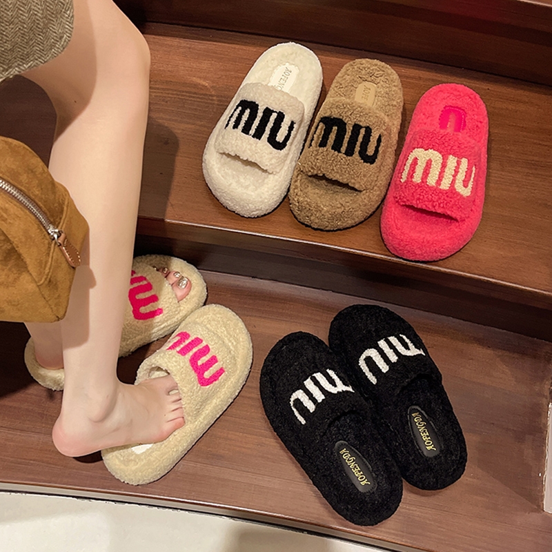 网红爆款毛毛拖鞋女外穿2025秋冬新款松糕厚底加绒刺绣一字棉拖鞋