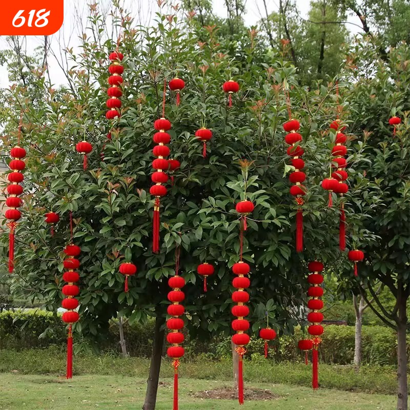 过年小灯笼串挂饰结婚布置新年户外装饰树上植绒大红灯笼绒布新春