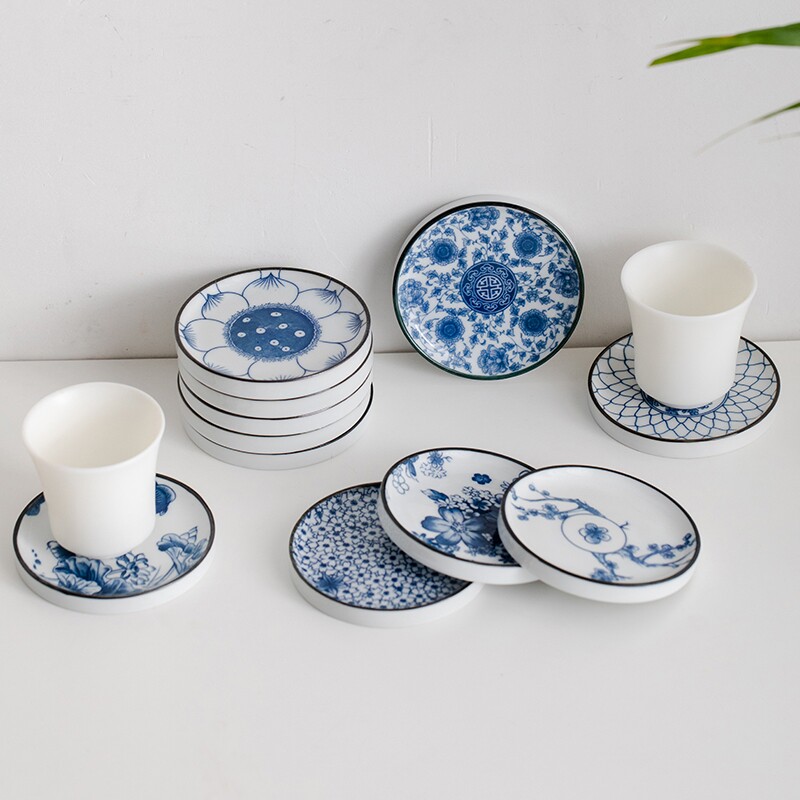 陶瓷青花杯垫家用茶桌垫复古杯垫杯托功夫茶道配件防烫隔热垫