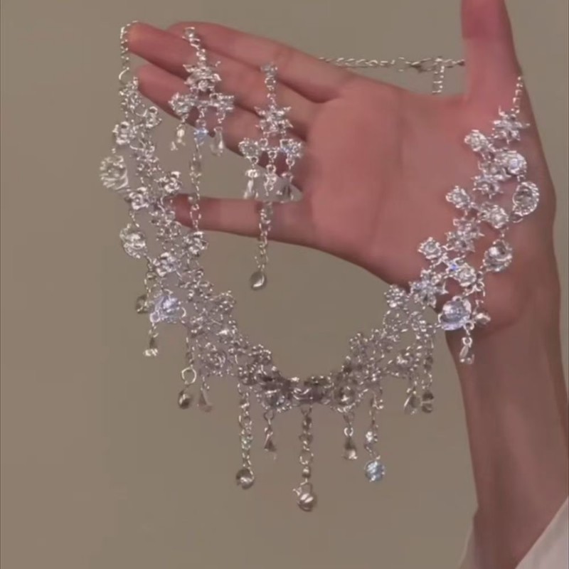 爆闪水滴晚礼服项链女新款夸张名媛锁骨链新娘主持人配饰颈链耳钉