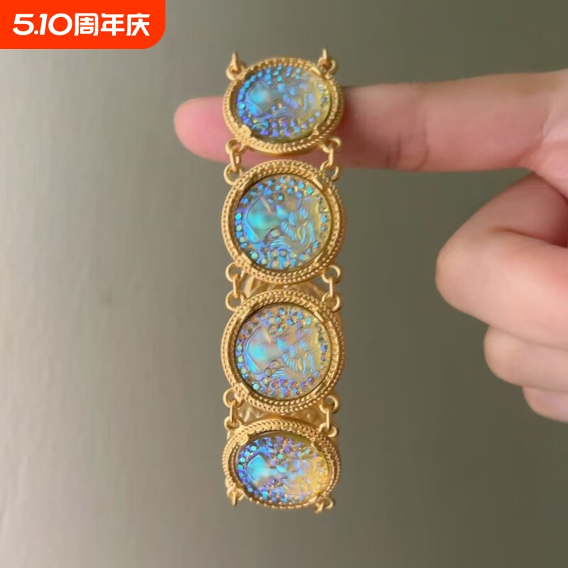 vintage中古宫廷风人鱼姬浮雕手镯新款幻彩独特手环气质重工独