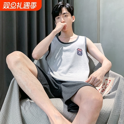 夏季纯棉无袖短裤睡衣男士