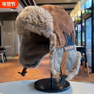 雷锋帽男女滑雪防风飞行员帽子冬季加厚加绒PU皮质护耳帽防寒骑车