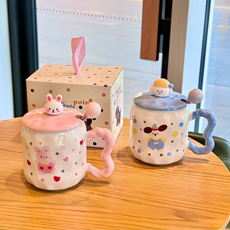 ins呆萌可爱小狗马克杯带盖勺高颜值陶瓷杯子情侣水杯女生日礼物