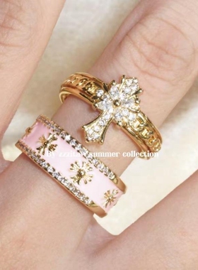 抖音爆款Pinky Cross·亚裔甜心~粉色闪钻十字架戒指套装