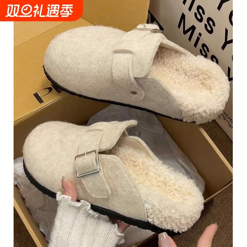 小众厚底勃肯鞋毛毛拖鞋女外穿2025秋冬新款加绒包头懒人包头半拖